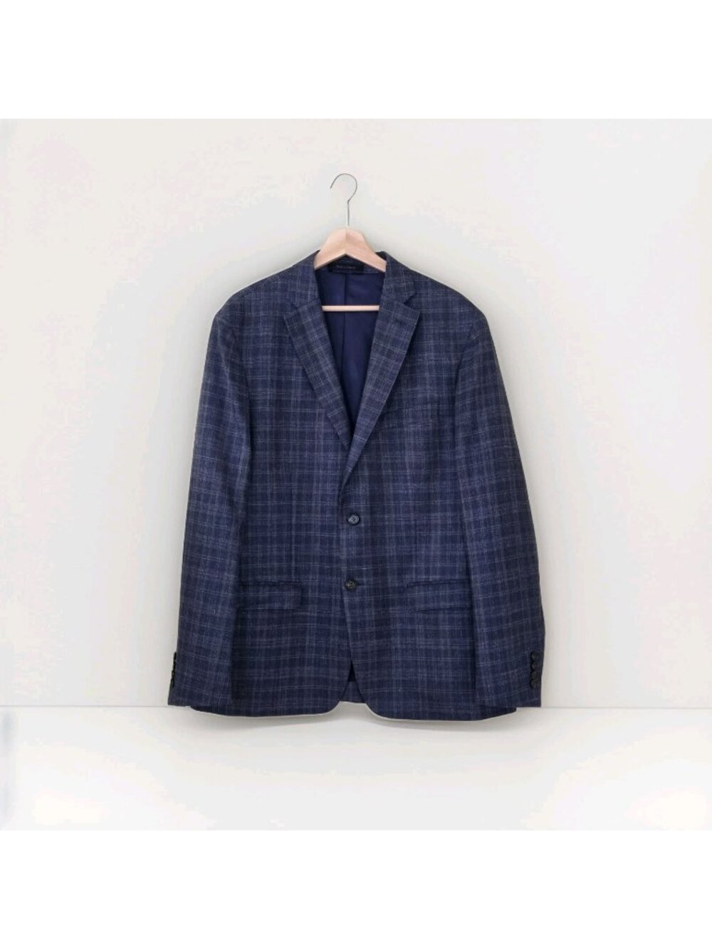 Lauren Ralph Lauren Blazer US 44R Blue Plaid Wool Silk Linen Edgy Preppy Office